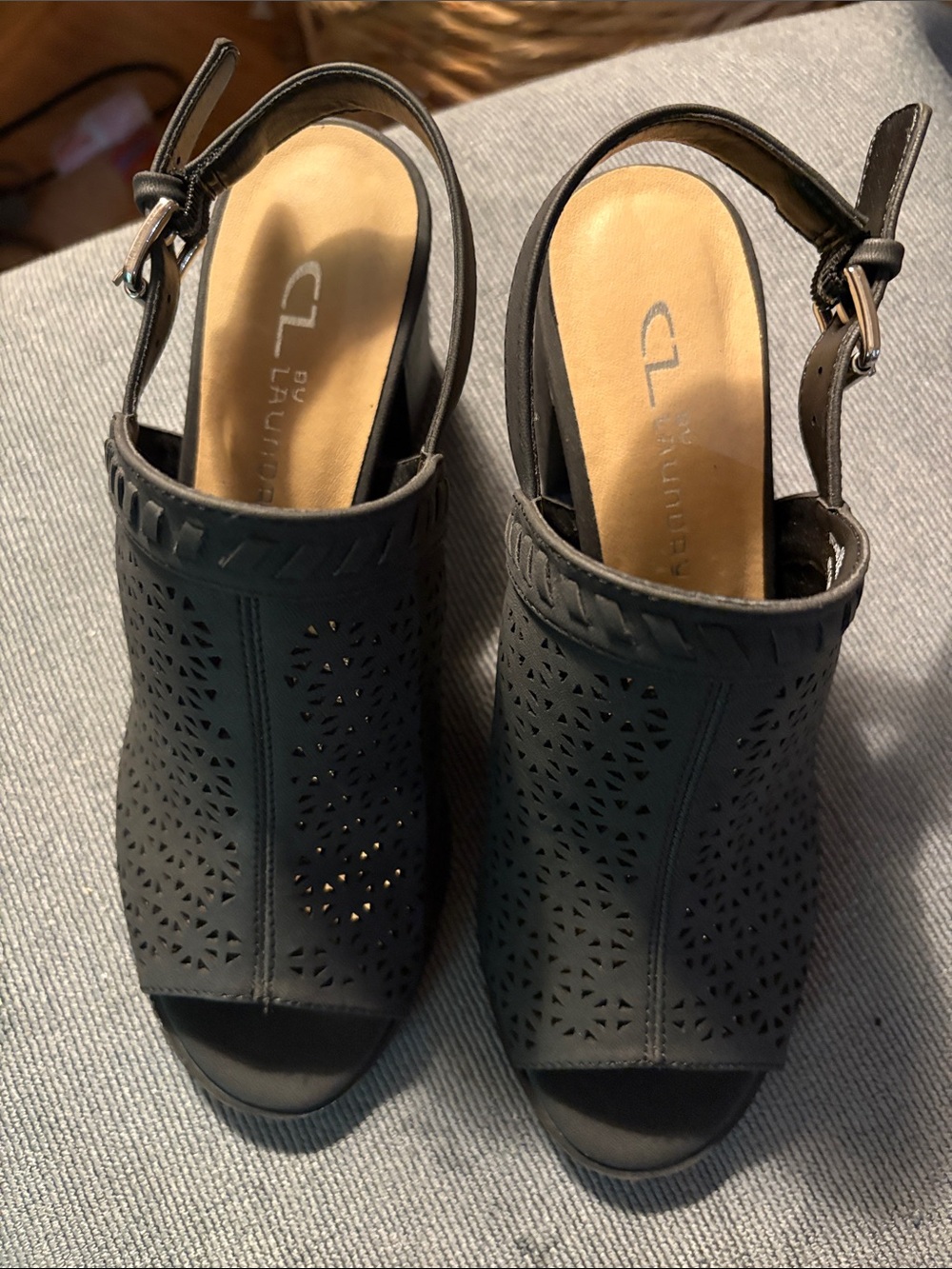 CL by Laundry Black Perforated Slingback Peep Toe Heels